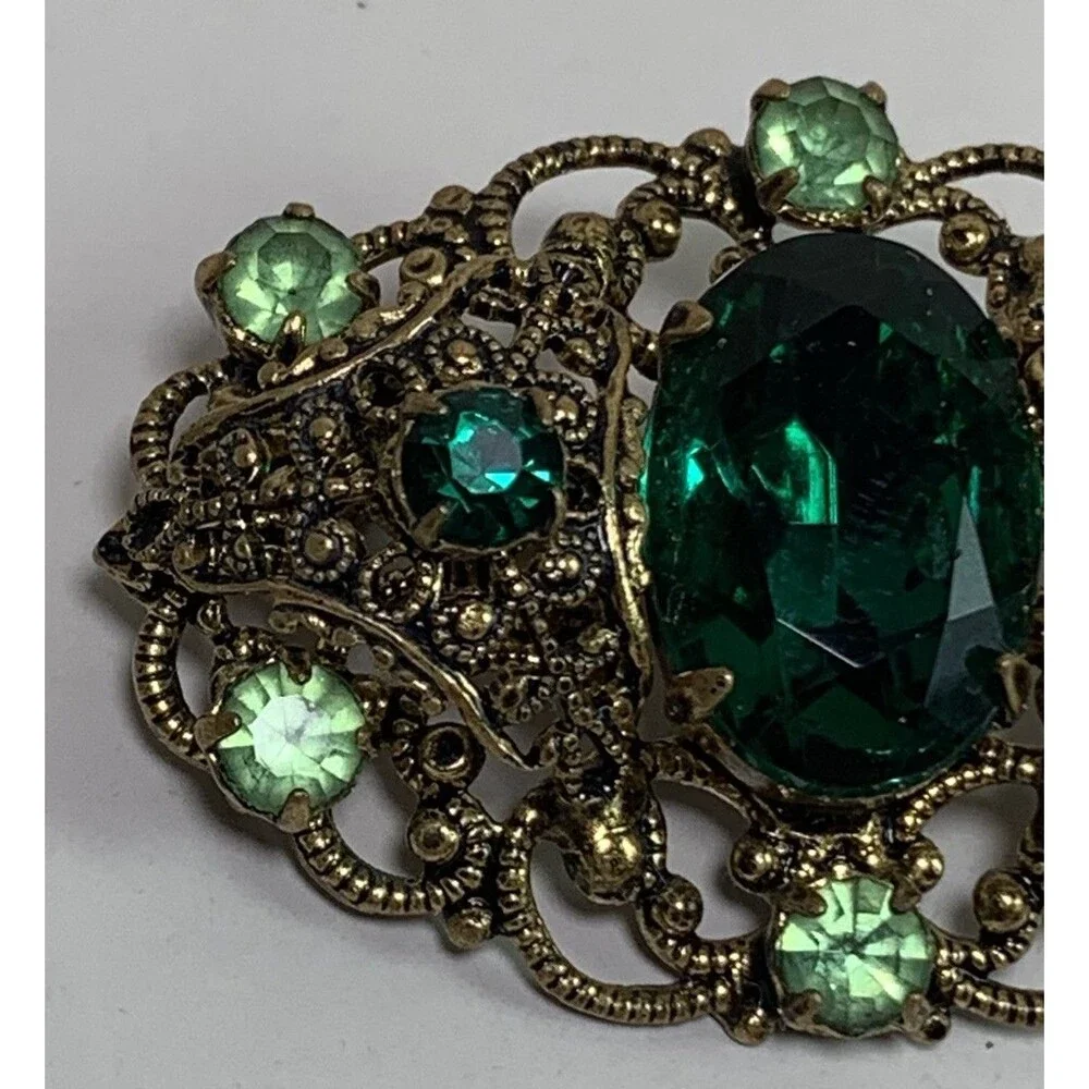 Vintage Brooch Czech Gold Tone Filigree Pin Green Stones Ornate Jewelry 1.25”
